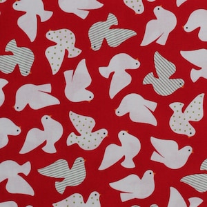 Cotton Doves Dove of Peace Birds Red Christmas Jingle 3 Cotton Fabric Print by the Yard (aak-15265-3-red) D472.20