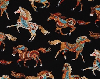 Cotton Southwestern Horses Animals Equestrian Southwest Black Cotton Fabric Print by the Yard (WEST-C5036) D771.50