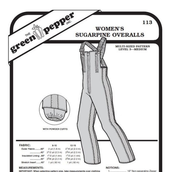 Green Pepper Women's Overalls Pants Coveralls Ski Snowpants #113 Sewing Pattern (Pattern Only)