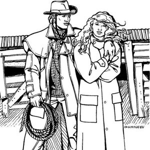 Può includere: Un'illustrazione in bianco e nero di una coppia che indossa cappotti lunghi. L'uomo indossa un cappello e tiene una corda. La donna ha i capelli lunghi e sta in piedi con le braccia incrociate.
