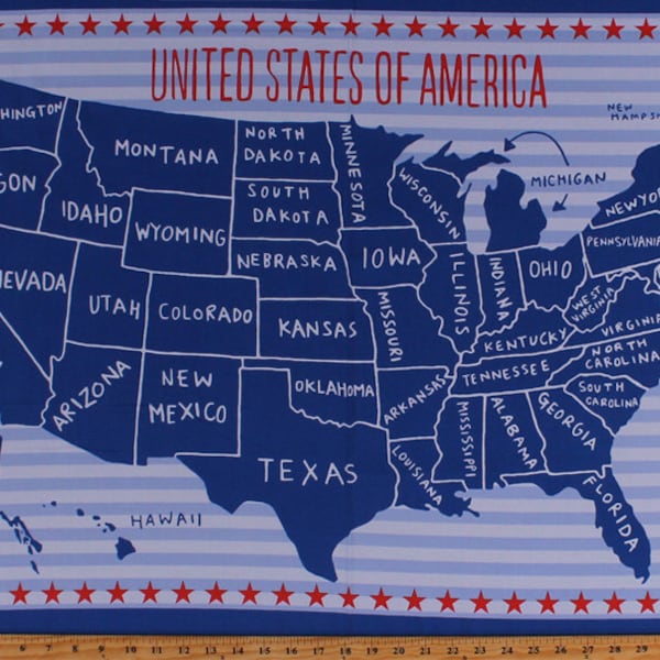 23.5" X 44" Panel United States of America Country Map State Names USA American Patriotic Stars & Stripes Cotton Fabric D364.03