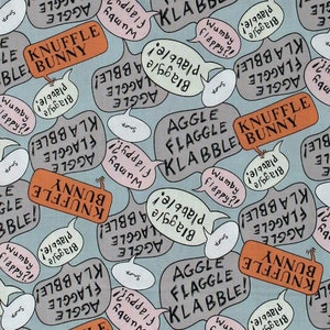 Cotton Knuffle Bunny Speech Word Bubbles on Blue Kids Children&#39;s Book Organic Cotton Fabric Print by the Yard D472.22 by Cloud 9 Fabrics