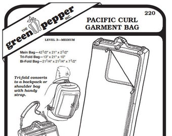 May include: A black and white line drawing of a garment bag with instructions for making it. The bag is shown in three different configurations: a main bag, a tri-fold bag, and a bi-fold bag. The bag is labeled "Pacific Curl Garment Bag #220".