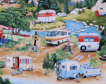 Cotton Vintage Trailers Campers Camping Outdoors RV's Cotton Fabric Print by the Yard (3502 Green) D486.32