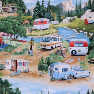Cotton Vintage Trailers Campers Camping Outdoors RV&#39;s Cotton Fabric Print by the Yard (3502 Green) D486.32
