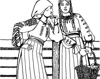 May include: Two women in traditional clothing stand near a fence with chickens. One woman is holding a basket of eggs. The women are wearing long skirts and blouses with embroidered details.