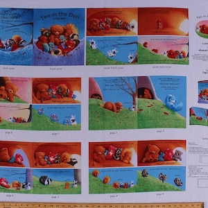 May include: A fabric panel with illustrations for a children's book called "Ten in the Den" by John Butler. The panel includes the front and back covers, inside covers, and pages 1 through 8. The illustrations feature a group of bears and other animals in a den.