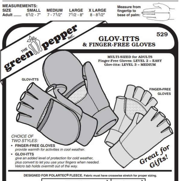 Green Pepper Glov-itts & Finger-free Gloves #529 For Adults Fingerless Gloves Mittens Sewing Pattern (Pattern Only) gp529