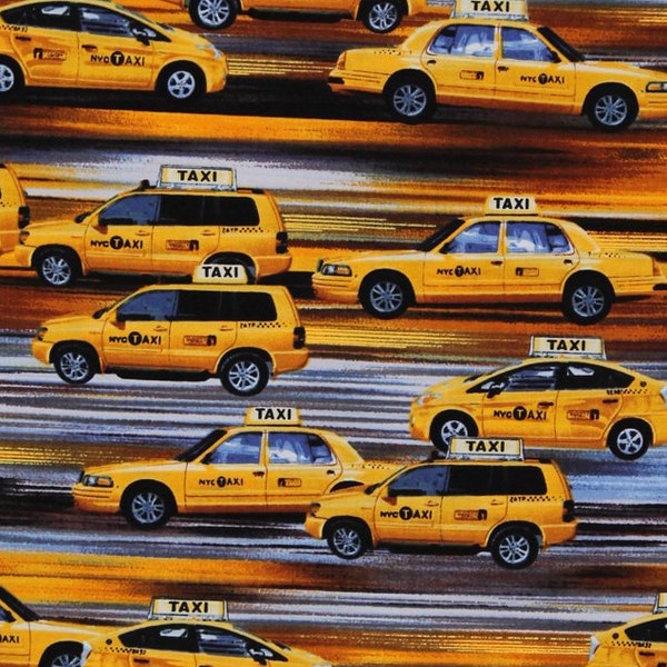 Cotton NY State of Mind Taxis Taxi Cabs Cab Cars Vehicle Yellow Black Cotton Fabric Print by the Yard (05569) D480.15