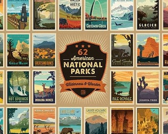 May include: A colorful illustration of 62 American National Parks, each with a unique design featuring a landscape, animal, or landmark. The title reads "62 American National Parks Wilderness & Wonder".