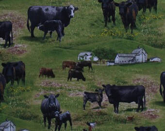 Cotton Farm Animals Cows Calf Calves Chickens Scenic Field Barns Farming Cotton Fabric Print by the Yard (515-green) D563.31
