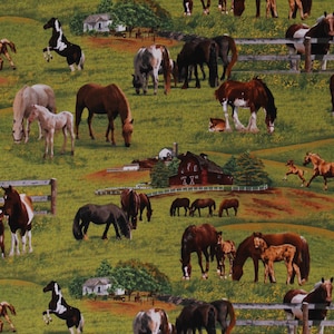 Cotton Horses Foals Scenic Field Pasture Country Farmhouses Barns Farm Animals Green Cotton Fabric Print by the Yard (339-GREEN) D362.03