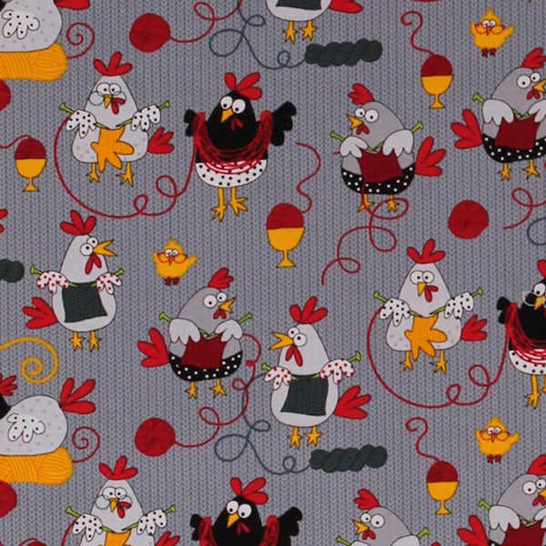 Cotton Knitting Roosters Chickens Chicks Hens Yarn Balls Knitters Knit Egg Cups Nest Birds Gray Cotton Fabric Print by the Yard D363.06