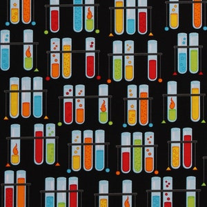 Cotton Test Tubes on Black Science Experiments Chemistry Laboratory School Teachers Science Fair 2 Cotton Fabric Print by the Yard D775.55