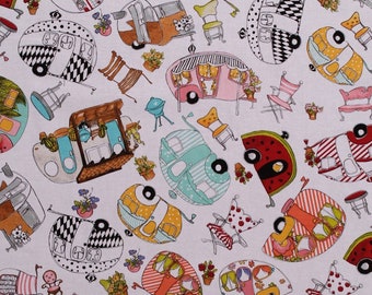 Cotton Trailers Campers RVs Camping Summer Vacation Road Trip Travel Vehicles Vintage Holiday Trailer White Fabric Print by the Yard D366.07
