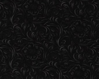 May include: Black fabric with a repeating embossed pattern of swirling floral designs.