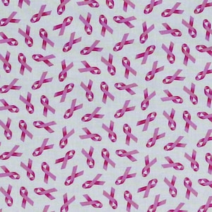 Cotton Pink Ribbons Breast Cancer Awareness Ribbons on White Cotton Fabric Print by the Yard (407PINK) D777.24
