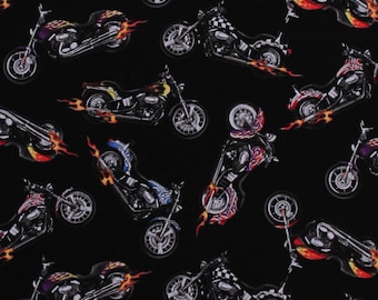 Cotton In Motion Motorcycles Biking Bikers Bikes Choppers Classic Flames Race Racing Black Cotton Fabric Print by the Yard 281-black D787.61