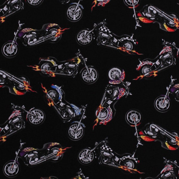 Cotton In Motion Motorcycles Biking Bikers Bikes Choppers Classic Flames Race Racing Black Cotton Fabric Print by the Yard 281-black D787.61