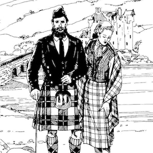 May include: A black and white illustration of a couple wearing traditional Scottish clothing. The man is wearing a kilt and the woman is wearing a plaid skirt. They are standing in front of a castle.