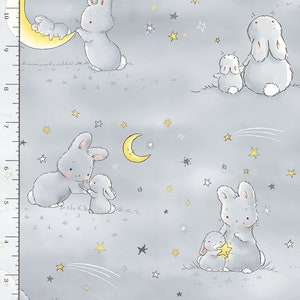 Flannel Bunnies and Little Ones With Moons on Grey Baby Animals Kids Bunnies by the Bay Cotton Flannel Fabric Print by the Yard (D283.34)