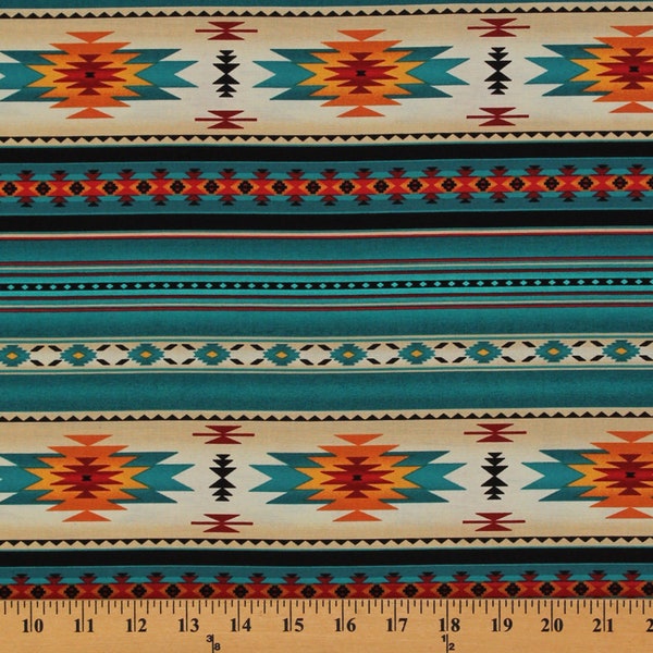 Cotton Southwestern Native American Aztec Tucson 201 Turquoise Stripes Pattern Cotton Fabric Print by the Yard (201-turquoise) D466.32