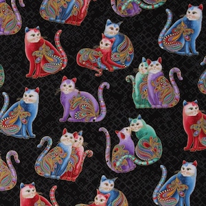 Cotton Playful Cats Whimsical Colorful Paisleys Gold Metallic Shimmer Black Cat-i-tude 2 Cotton Fabric Print by the Yard D363.21 by Benartex