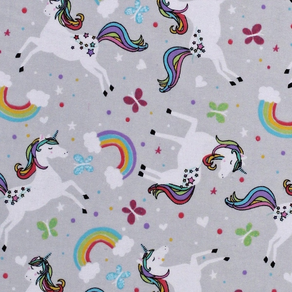 Flannel Unicorns Rainbows Stars Butterflies Fairytale Girls Kids Gray 44" Wide Cotton Flannel Fabric Print by the Yard (13610-GREY) D273.04