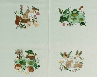 24" X 44" Panel Woodland Wander Rabbits Frogs Birds Turtles Hedgehogs Mint Cotton Fabric Panel (Y2589-109) D306.39