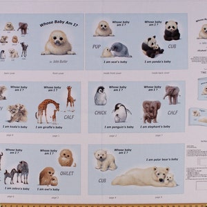 35&quot; X 44&quot; Panel Animal Friends Baby Animals &quot;Whose Baby Am I?&quot; Soft Book Blue Cotton Fabric Panel (7302-Blue) D462.24 by Elizabeth Studios