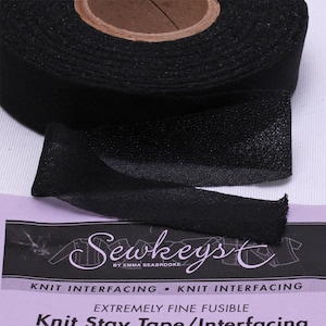 May include: Black knit stay tape/interfacing, a fusible knit fabric for stabilizing knit garments. Sewkeys by Emma Seabrooke.