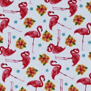Cotton Flamingos Flamingoes Tropical Birds Flowers Floral on White Pink Paradise Cotton Fabric Print by the Yard (9867-18) D761.45
