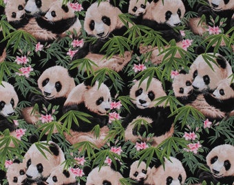 Cotton Giant Pandas Panda Bears Baby Panda Cubs Animals Wildlife Nature Plants Bamboo Leaves Scenic Cotton Fabric Print by the Yard D375.10
