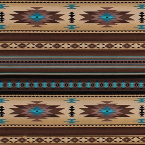 May include: A brown and tan fabric with a repeating pattern of geometric shapes in shades of brown, tan, turquoise, and black. The fabric has a southwestern design.