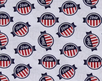 May include: White fabric with a repeating pattern of red, white, and blue circles with the word "Vote" in a navy blue script. The circles have a white and red striped design.