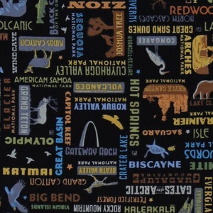Cotton United States National Parks Names Animals Words on Black Cotton Fabric Print by the Yard (C8784-BLACK) Official Licensed Riley Blake