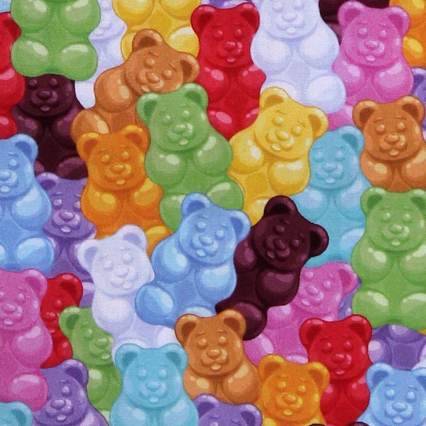 Cotton Gummy Bears Gummies Candies Sweets Food Multi-Color Cotton Fabric Print by the Yard (114797) D569.67