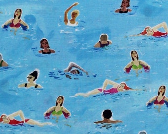 Cotton Swimmers People Swimming Water Summer Vacation Chasing the Sun Aqua Blue Cotton Fabric Print by the Yard D770.09