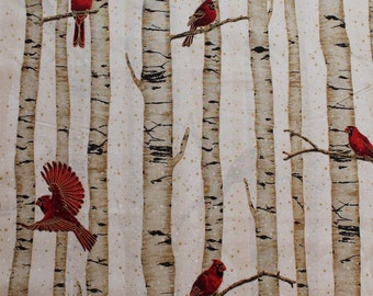 Fabric Birds Cardinals Red Winter Greetings on Cream Cotton by the 1//4 yard