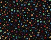 Cotton Mathematics Addition Subtraction Division Square Roots Pi Percent Numbers Symbols Black Fabric Print by the Yard (52041-5) D780.95