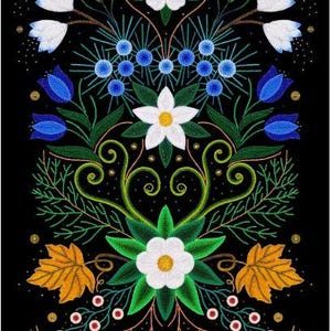 May include: A black textile with a symmetrical floral design. The design features white flowers, blue tulips, and yellow leaves, all outlined in green and accented with red berries. The top and bottom borders have floral patterns.