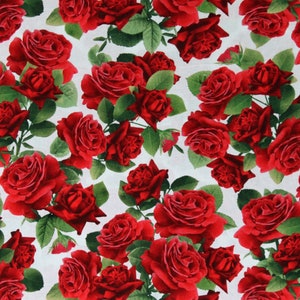 Cotton Large Rose Bouquets Red Roses Romance Valentine's Day Flowers Floral Vintage Rose Cream Cotton Fabric Print by the Yard D373.48