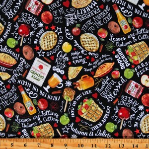 Cotton Harvest Treats & Words Food Seasonal Autumn Black Cotton Fabric Print by the Yard (GAIL-CD1424-BLACK) D514.57