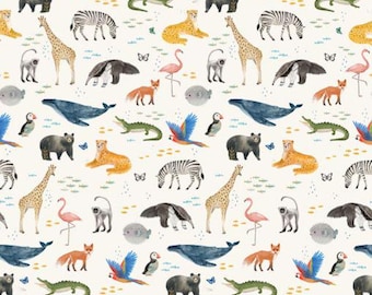 Cotton Our World Animals Allover Zoo Kids Clothworks Cream Cotton Fabric Print by the Yard (Y4933-2) D683.04