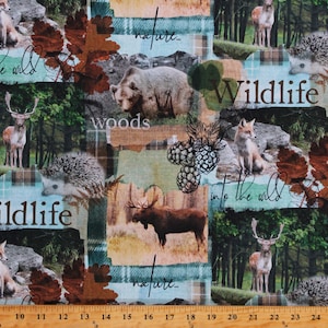 Cotton Wildlife Nature Animals Northwoods Moose Bears Deer Woodland Cabin Wild Patch Cotton Fabric Print by the Yard D769.59 Michael Miller
