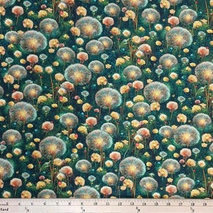 May include: Fabric with a repeating pattern of dandelions and other wildflowers in shades of yellow, orange, and white against a dark teal background. The image has a painterly quality, with soft focus and a textured appearance. The fabric is suitable for various craft projects.