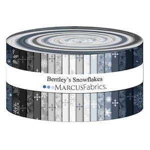 May include: A roll of fabric featuring a variety of snowflake patterns in shades of gray, blue, and white. The fabric is labeled "Bentley's Snowflakes" and "MARCUSFabrics."