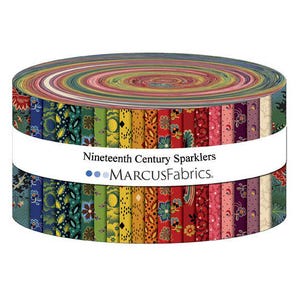 May include: A roll of colorful fabric with a variety of floral and geometric patterns. The fabric is labeled "Nineteenth Century Sparkles" and "MARCUSFabrics".