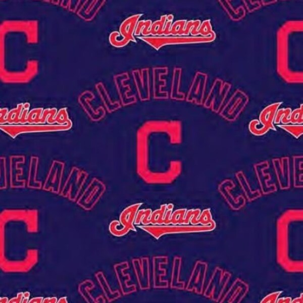 Fleece Cleveland Indians Logos on Navy Blue MLB Baseball Team Fleece Fabric Print by the Yard (14490B) A411.41