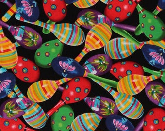 Cotton Fiesta Sundry Black Maracas Musical Instrument Cotton Fabric Print by Yard (05584-99) D568.49